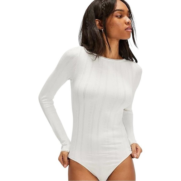 Free People Tops - New FREE PEOPLE Playing Favorites‎ White Pointelle Boat Neck Thong Bodysuit XS S